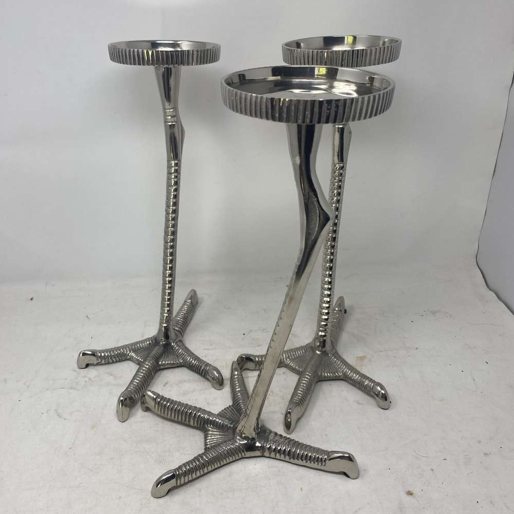 Z Gallerie Stork Feet Pillar Candle Holders Set of 3 Silver Maltese 13.8"